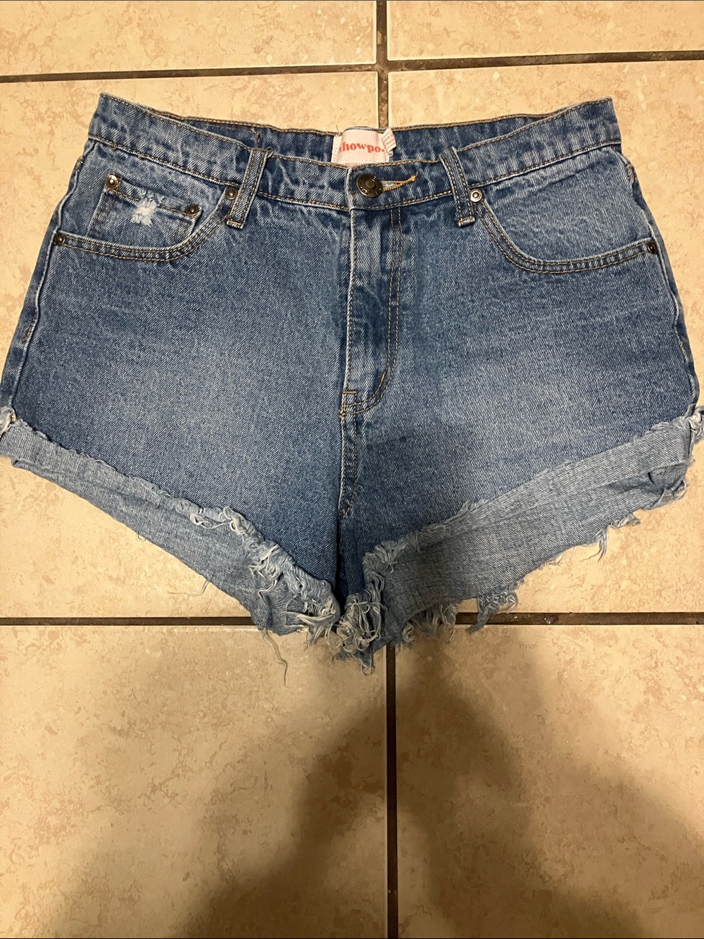 Showpo Distressed High-Waist Denim Shorts - Blue - Picture 3 of 3
